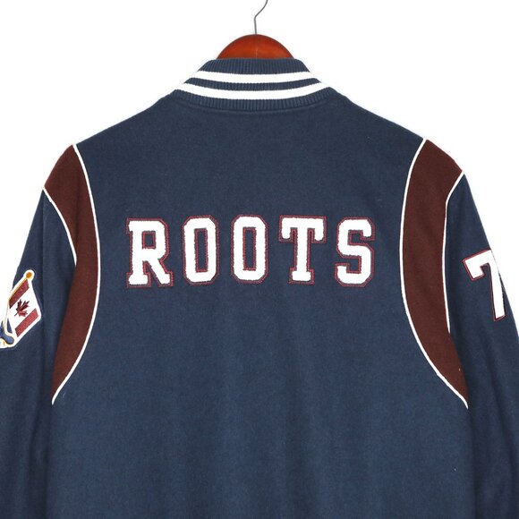 Roots Canada Wool Blend Varsity Jacket Navy Blue & Maroon Patches Mens Classic - Picture 10 of 14